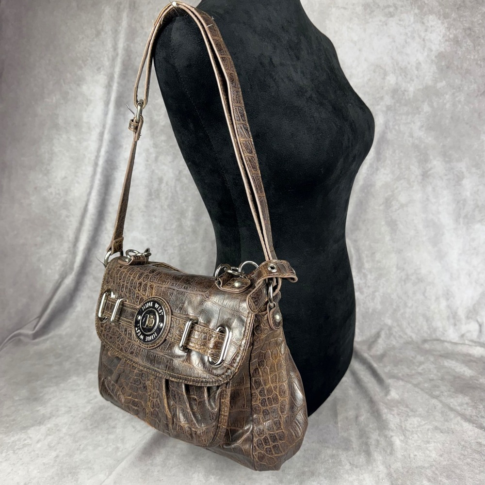 Vtg Y2K Nine West Brown Croc‎ Embossed Faux Leather Purse Crossbody Silver Tonr
